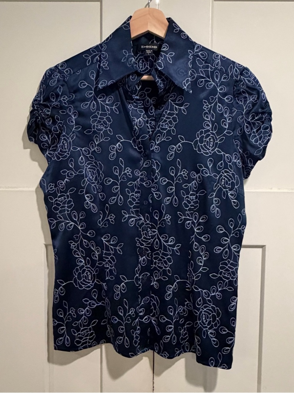 bebe Amanda Navy Floral Embroidered Stretch Silk Button-Down Shirt - Picture 2 of 11